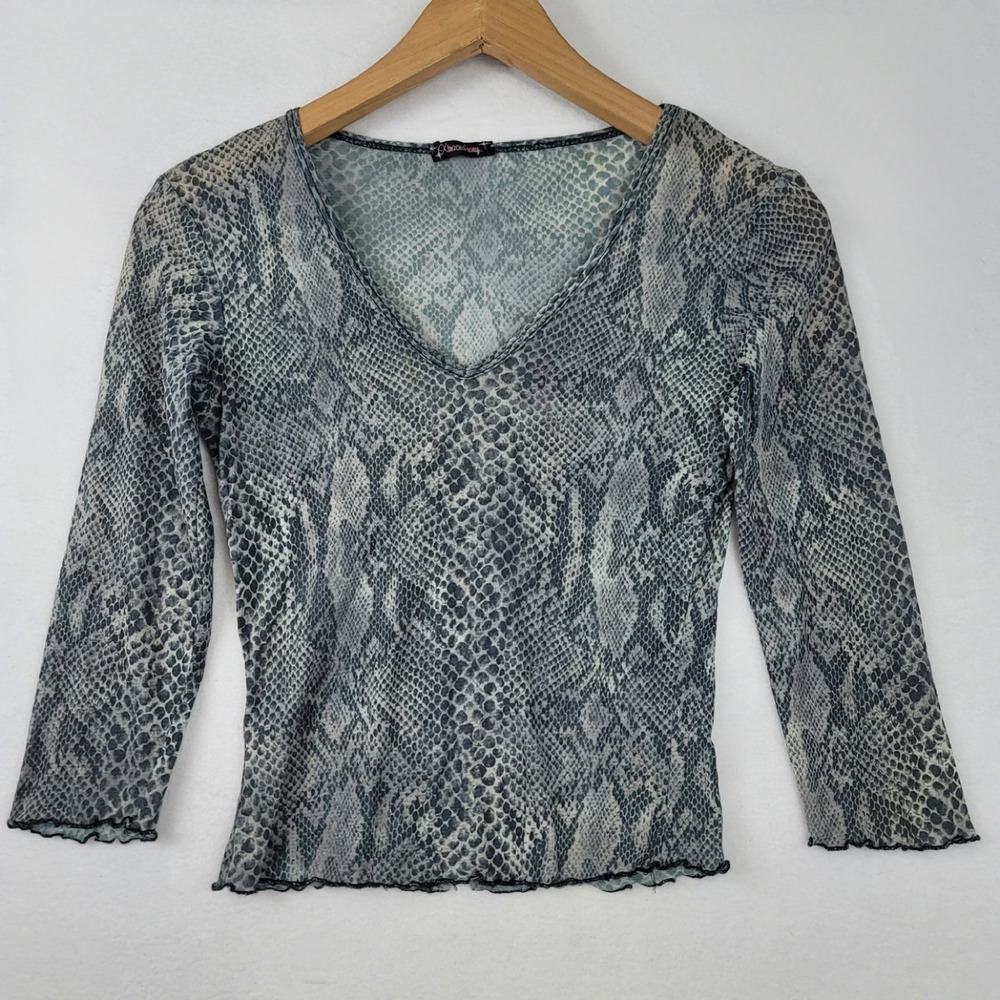 Xtraordinary Gray Snakeskin Mesh V-Neck Top Vintage Y2K XS
